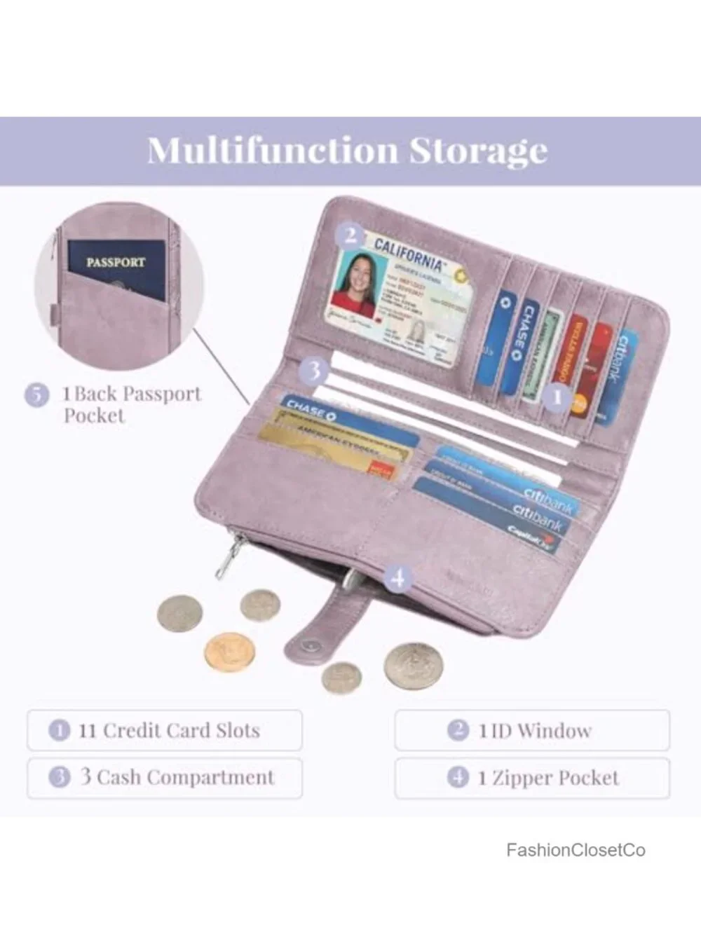 RFID Blocking Slim Vegan Leather Wallet with Zipper Coin Pocket